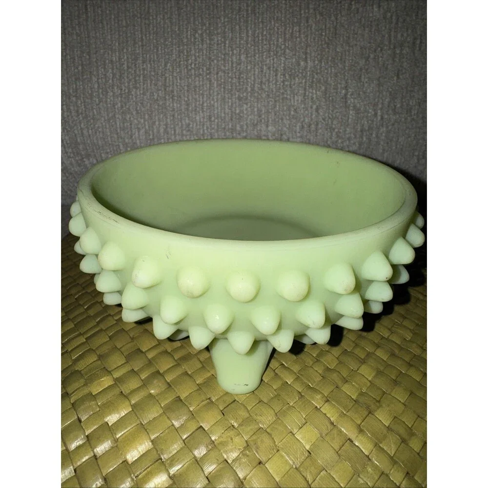 Vintage Fenton Glass Hobnail Bowl Satin Green Yellow Dish Stamped 5.5”